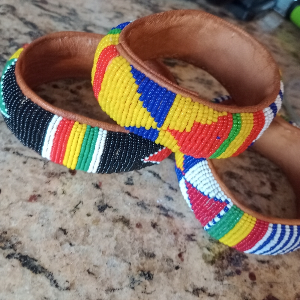 3 vintage African beaded Leather bracelets